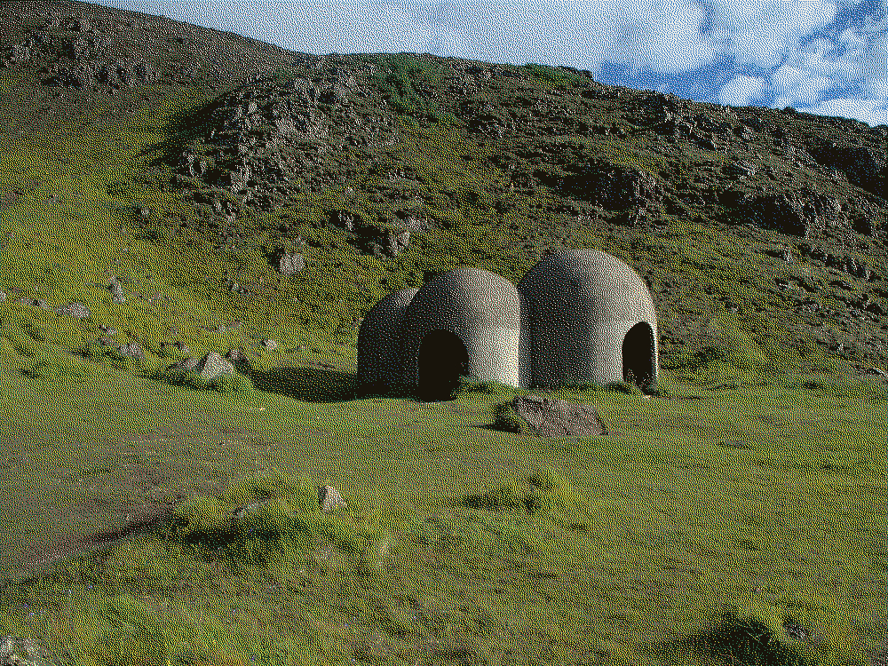 A special set of concrete buts with spherical ceilings, viewed here from afar, was built to amplify traditional Icelandic musical frequencies.
