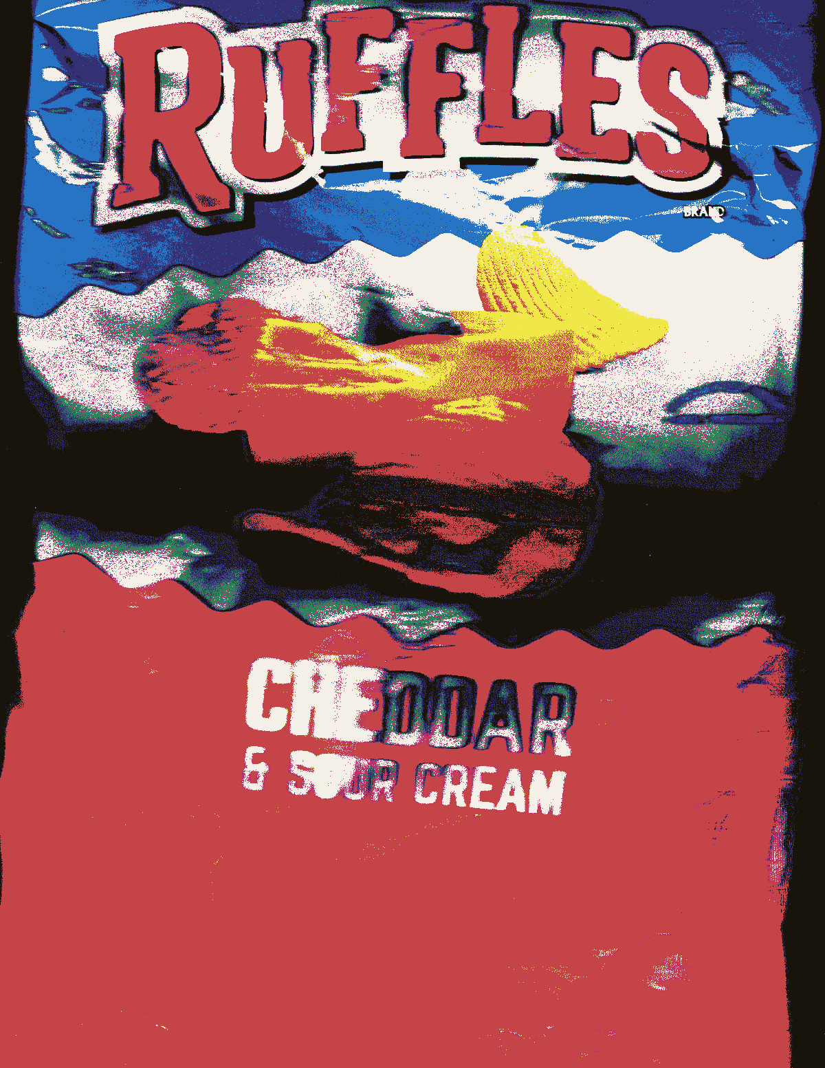 A scan of a Cheddar Sour Cream Ruffles bag.