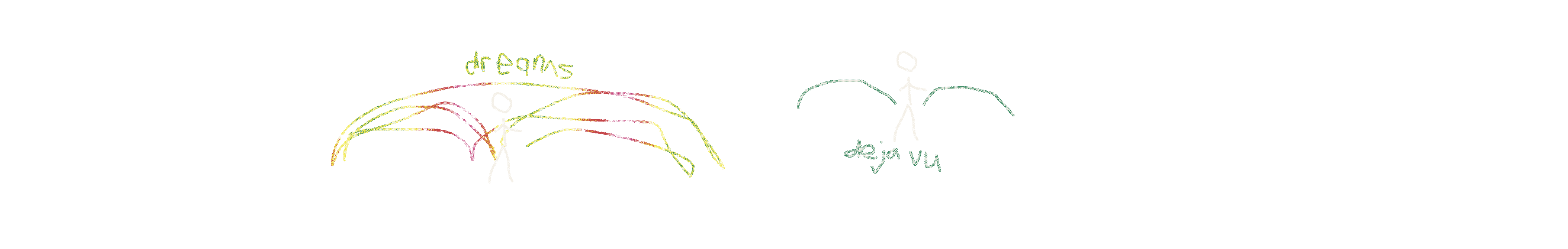 A pair of drawings. On the left, a stick figure with many multicolored arcs forward and backward coming from a white stick figure in the center, with dreams written above. On the right, an arc forward and an arc backward from a white stick figure in the center, with deja vu written above.
