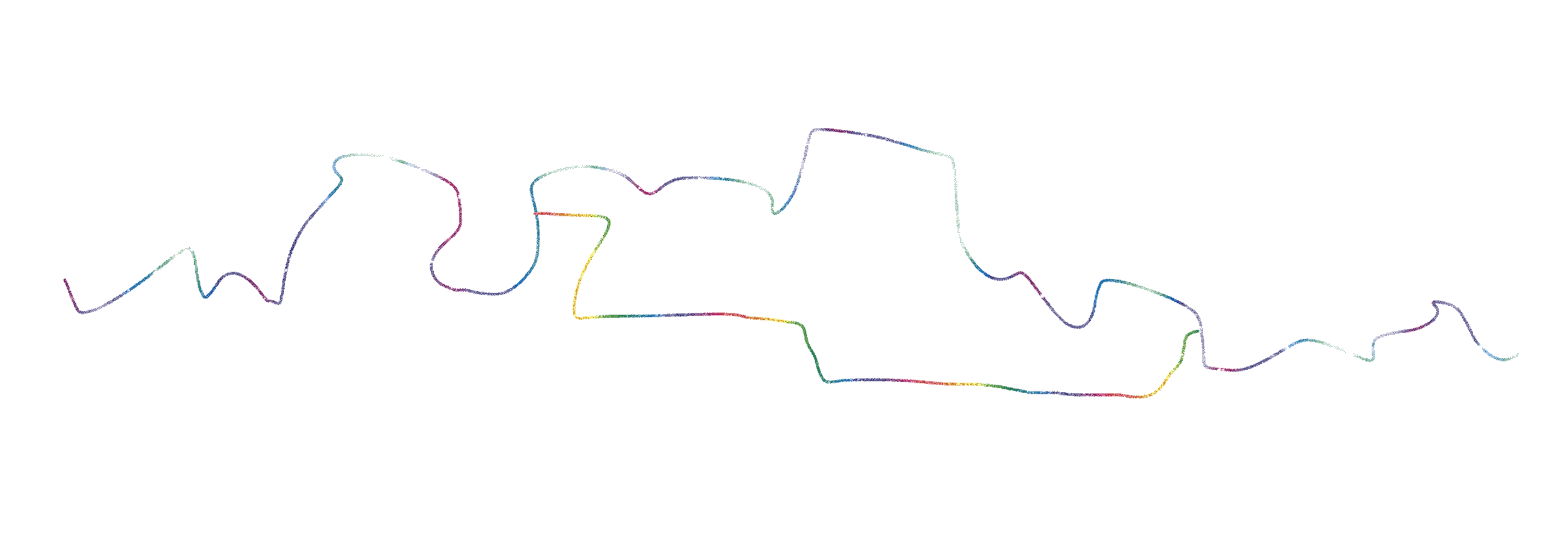 A meandering purple-blue-green rainbow line, with a full-rainbow line diverging from it and then reconnecting with it later down the line.