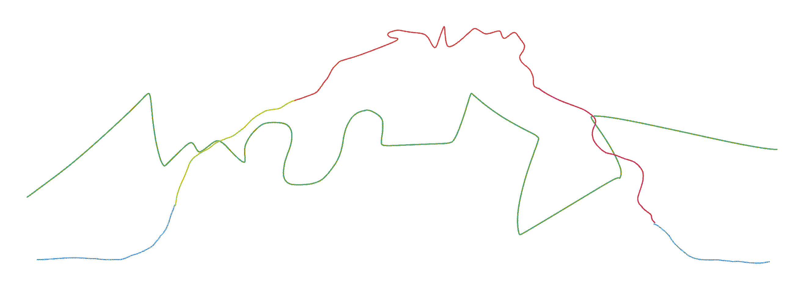 A four-color line representing the fours seasons from left to right overlapping with a green zig-zagging line representing nature's random continuity.