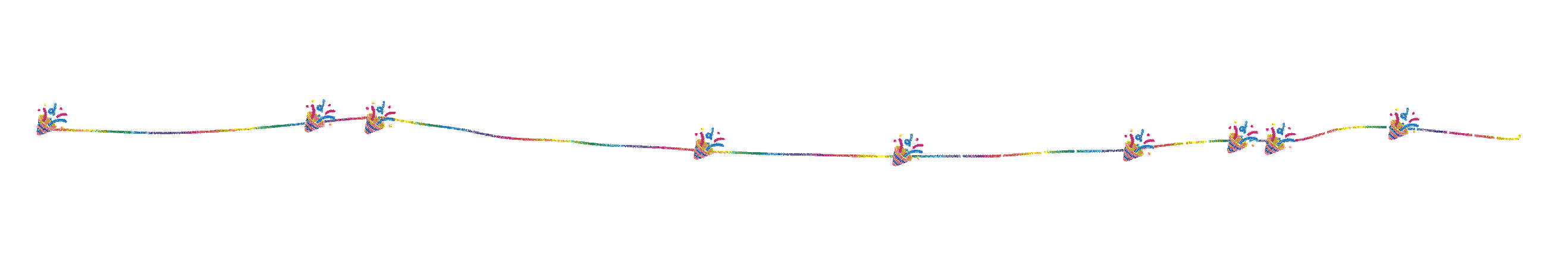 A drawn rainbow line with periodic little eraser lines through it and party emojis spread along its length.